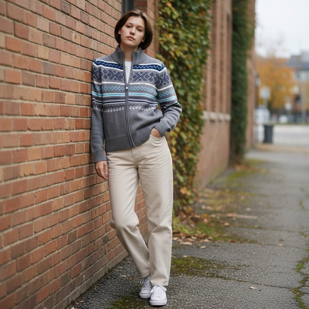 Le Tigre Womens Cardigan Sweater M Gray Blue White Full Zip Knit‎ Classic